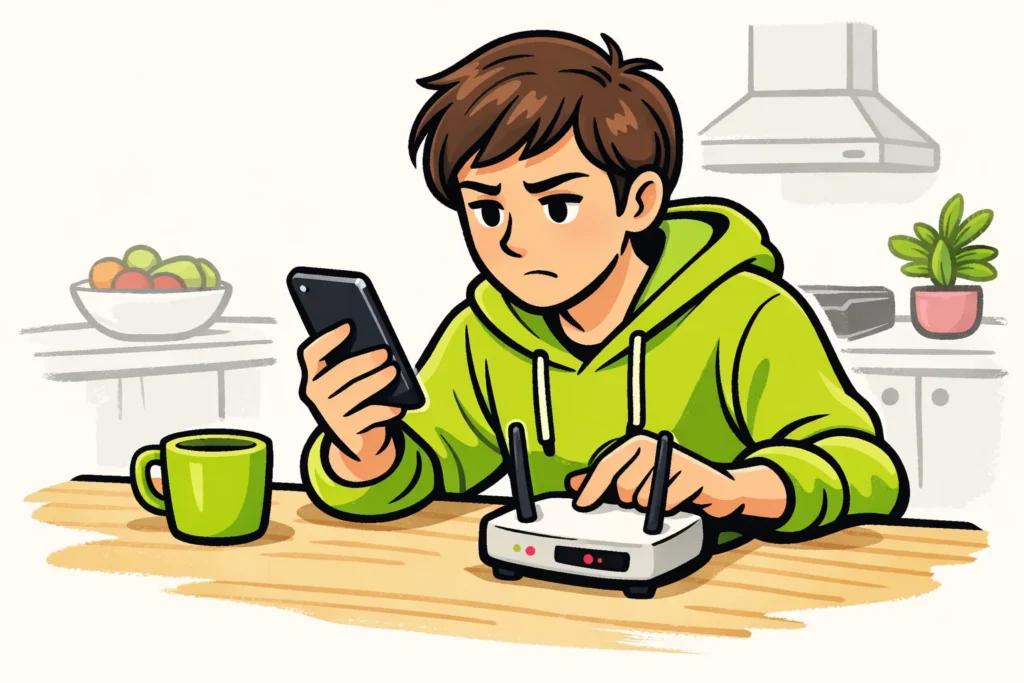 Persoon aan een keukentafel die met een smartphone en router de internetverbinding controleert.