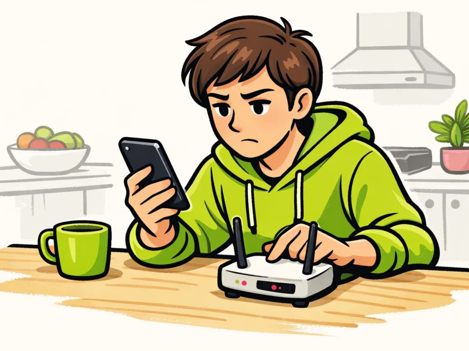 Persoon aan een keukentafel die met een smartphone en router de internetverbinding controleert.