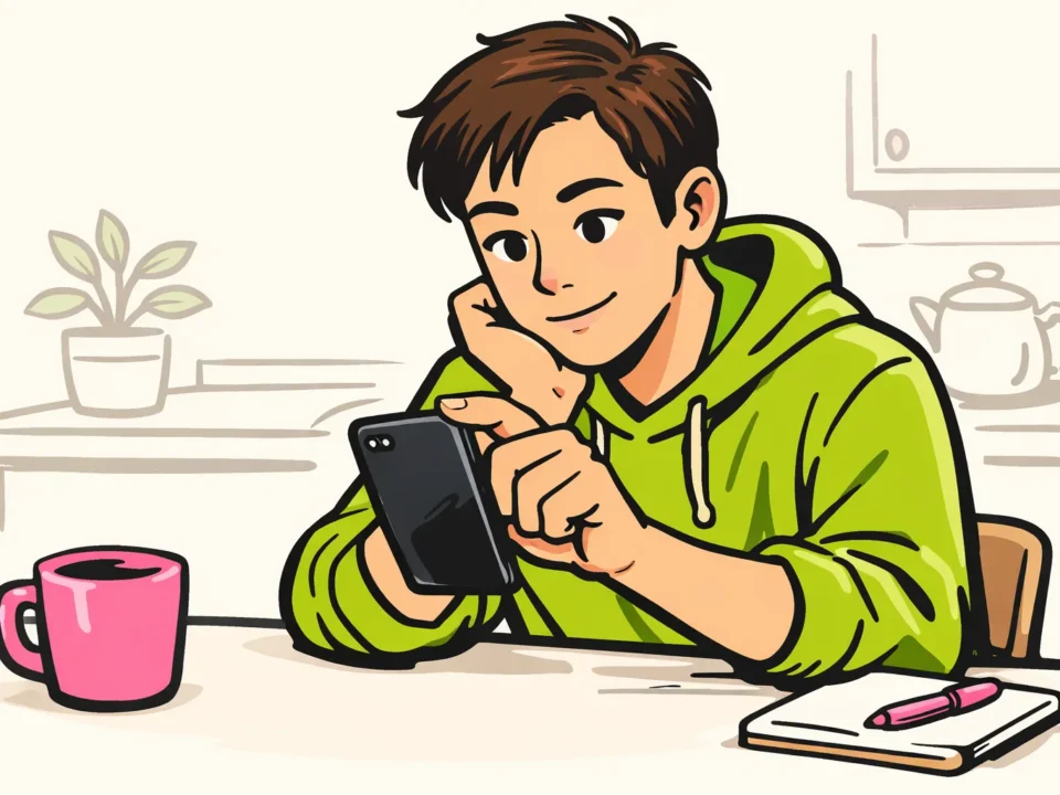 Persoon die op een smartphone een profiel bekijkt om de bio te vinden.