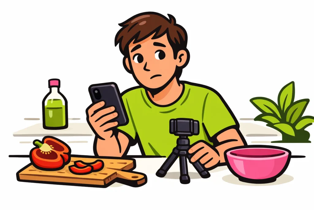 Persoon controleert een smartphone aan de keukentafel na het filmen van een kookvideo.