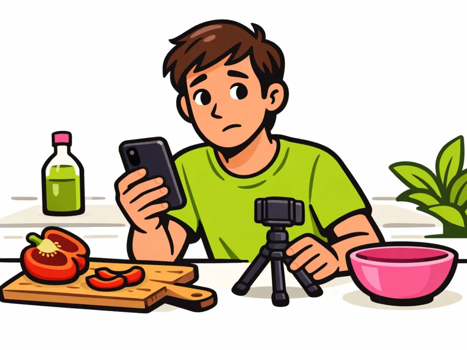 Persoon controleert een smartphone aan de keukentafel na het filmen van een kookvideo.