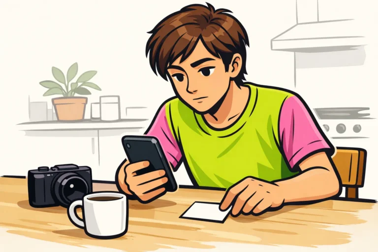 Persoon bekijkt een telefoon en legt een notitiekaartje klaar om een melding over een TikTok video te bewaren.