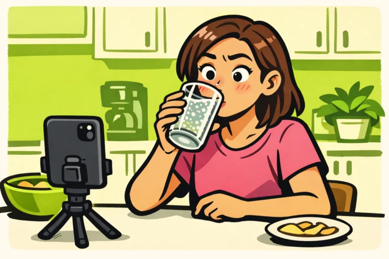 Persoon kijkt verbaasd naar een glas bruisende frisdrank terwijl een telefoon de reactie filmt.