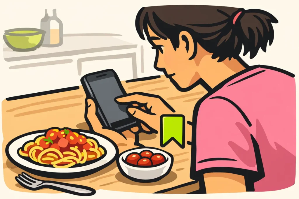 Persoon aan een keukentafel die een kookvideo op een telefoon probeert te bewaren.