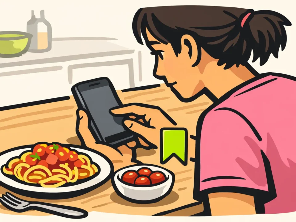 Persoon aan een keukentafel die een kookvideo op een telefoon probeert te bewaren.