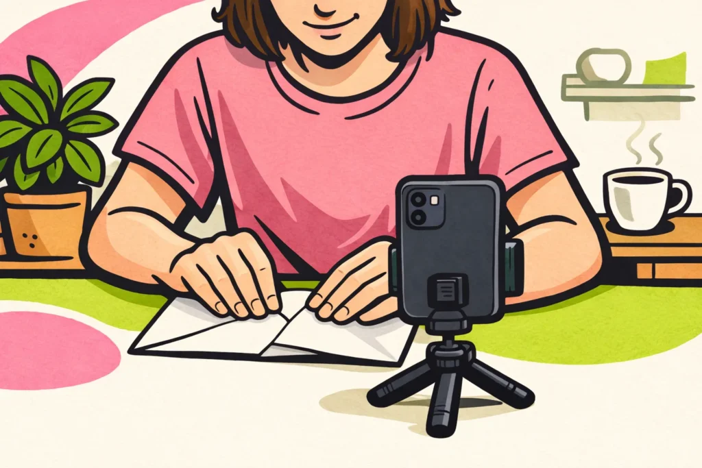 Persoon die rustig papier vouwt en het geluid met een telefoon opneemt voor een ASMR video.