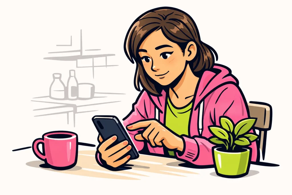 Persoon bekijkt een smartphone aan de keukentafel om de privacy van profielbezoeken te controleren.
