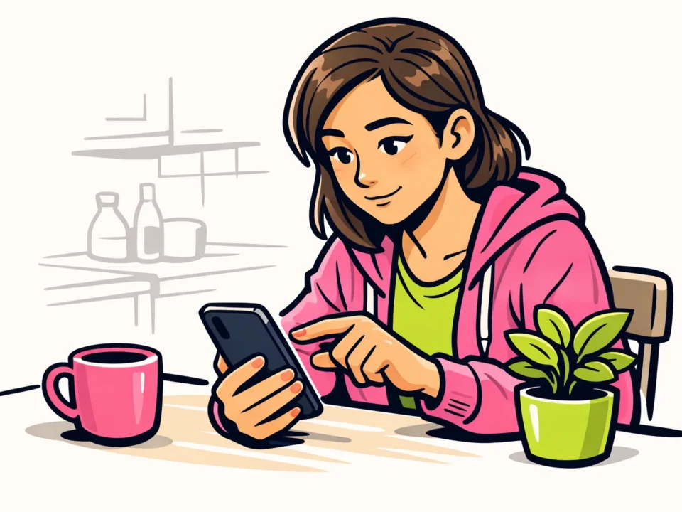 Persoon bekijkt een smartphone aan de keukentafel om de privacy van profielbezoeken te controleren.