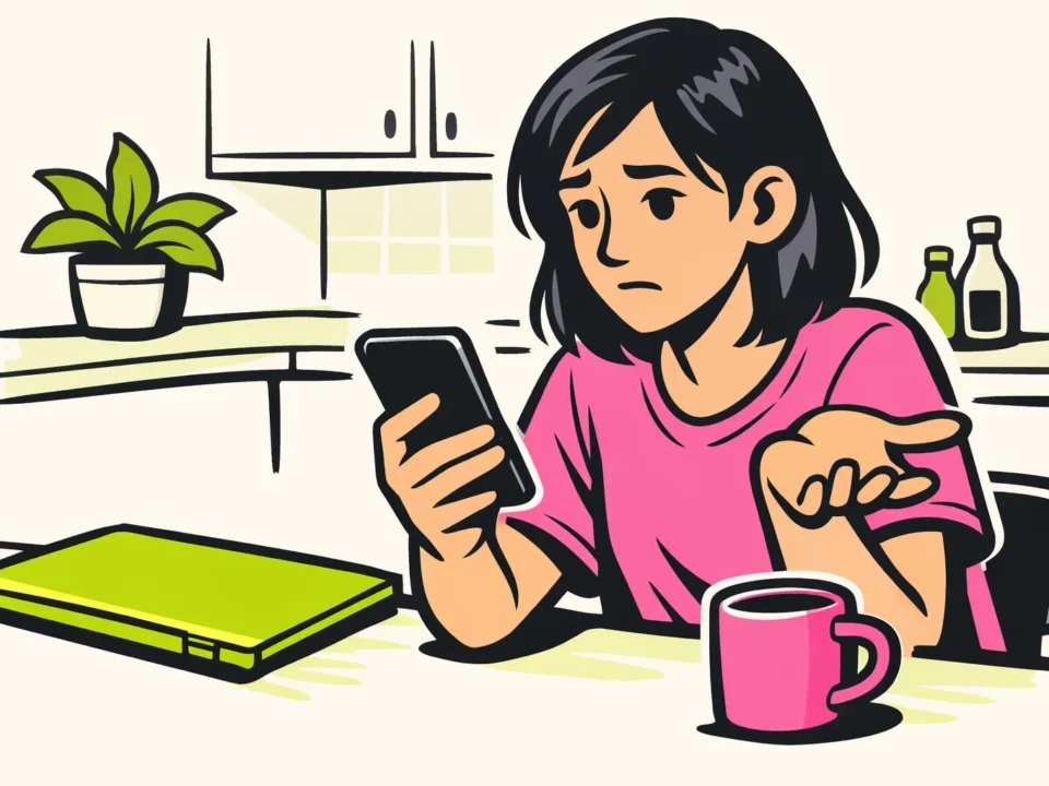 Persoon aan een keukentafel die op een telefoon bekijkt waarom iemand toevoegen niet lukt.