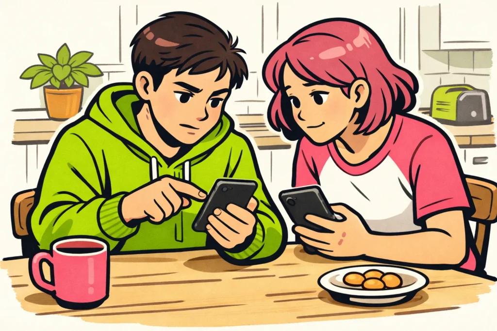 Twee vrienden bekijken hun telefoons om te controleren waarom een TikTok video niet aankomt.