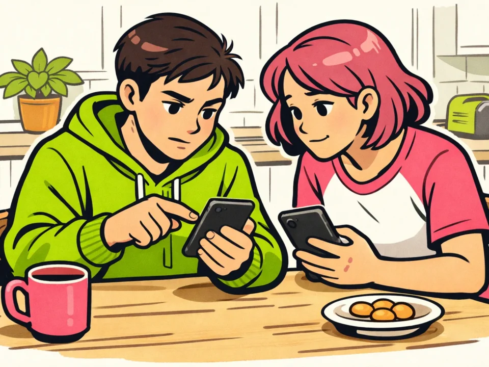 Twee vrienden bekijken hun telefoons om te controleren waarom een TikTok video niet aankomt.