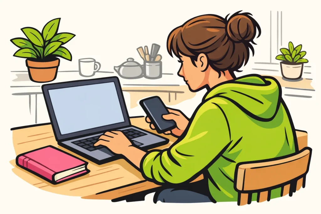 Persoon controleert een laptop en telefoon om een gehackt Facebook account te herstellen.