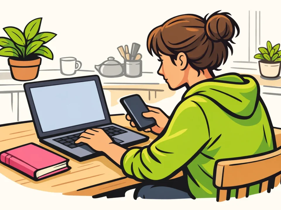 Persoon controleert een laptop en telefoon om een gehackt Facebook account te herstellen.