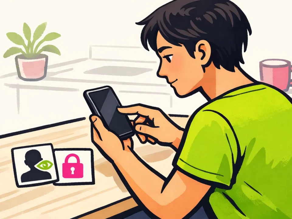Persoon bekijkt een smartphone met daarnaast symbolen voor profielbezoeken en privacy.