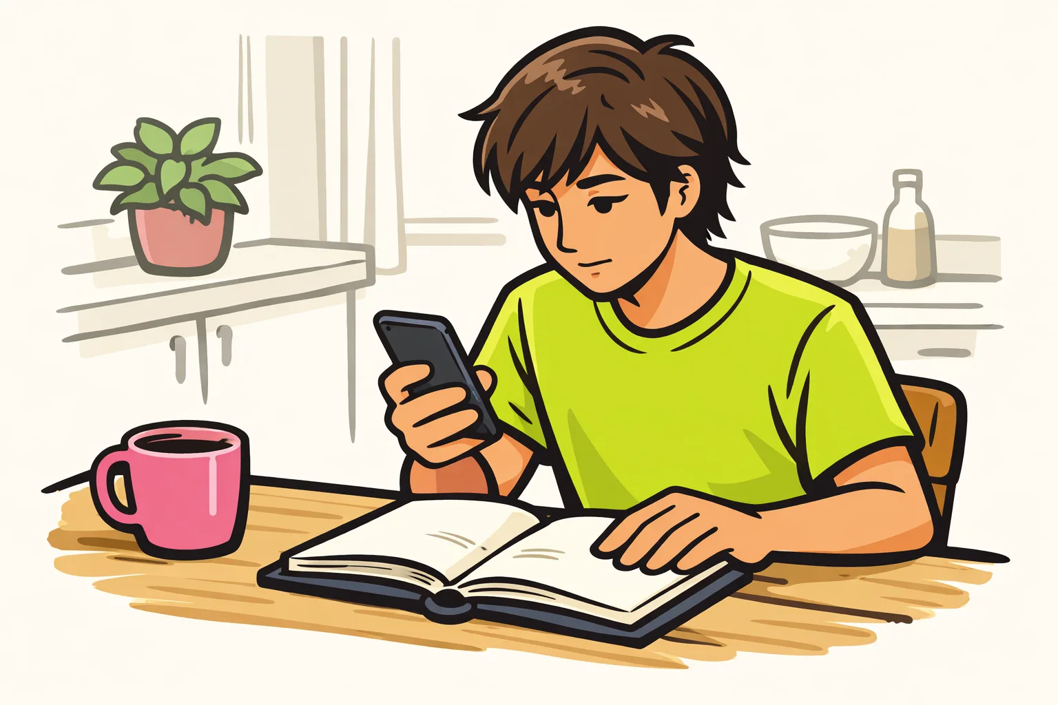 Persoon controleert een smartphone met een open agenda op tafel.