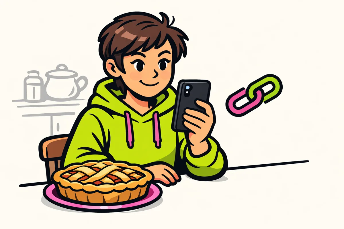 Illustratie van iemand die bij een zelfgebakken appeltaart een recept deelt met een smartphone.