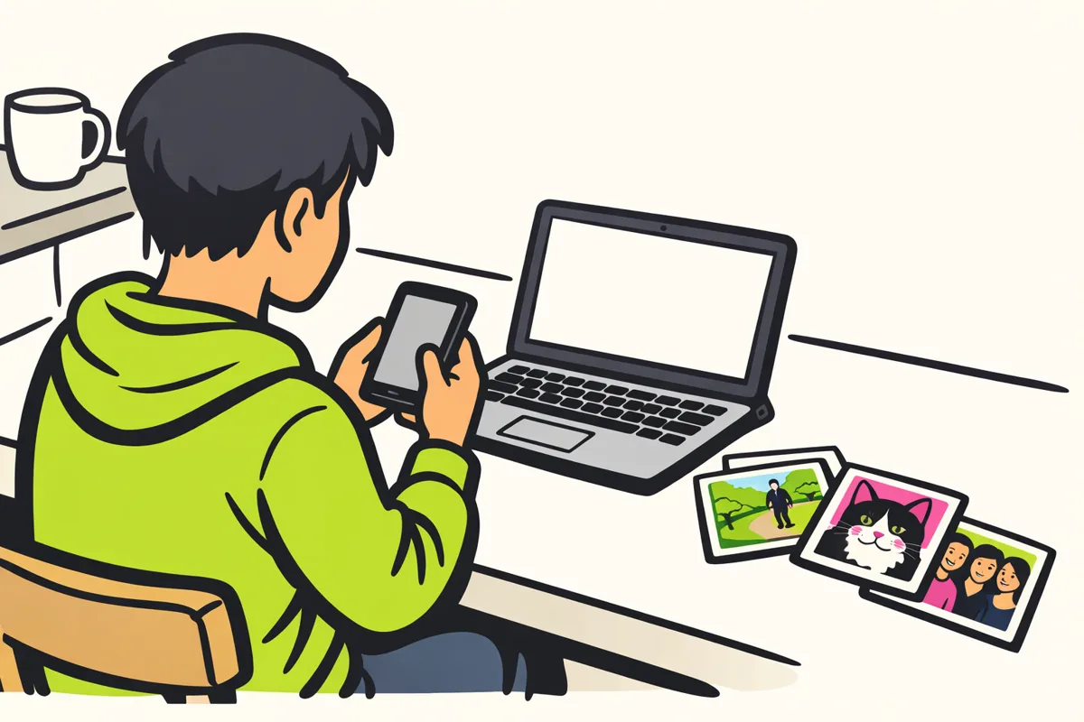 Illustratie van iemand die op een telefoon eigen berichten terugzoekt, met een laptop en fotokaarten op tafel.