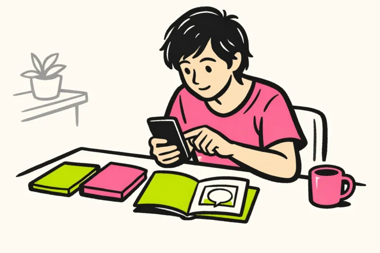 Persoon bekijkt een smartphone naast mapjes met een kaartje dat een gesprek voorstelt.