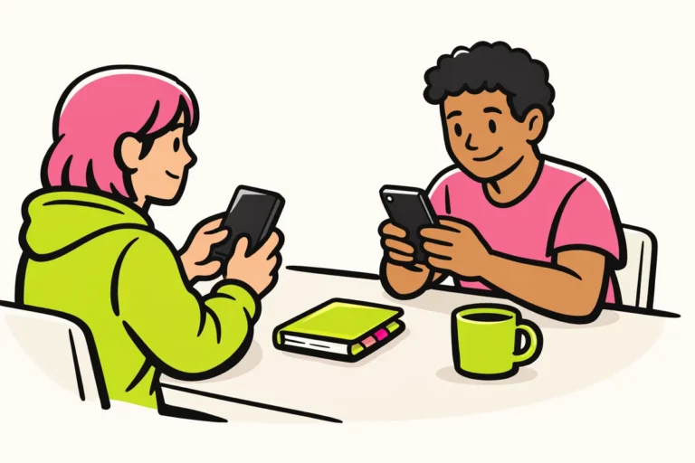 Twee mensen aan een keukentafel met hun telefoons terwijl ze contactgegevens uitwisselen.