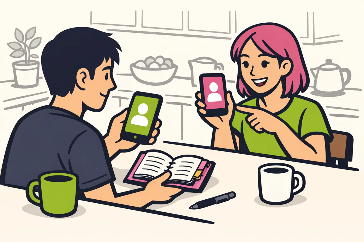 Twee mensen aan een tafel die met hun telefoons een profiel delen, naast een open adresboek.