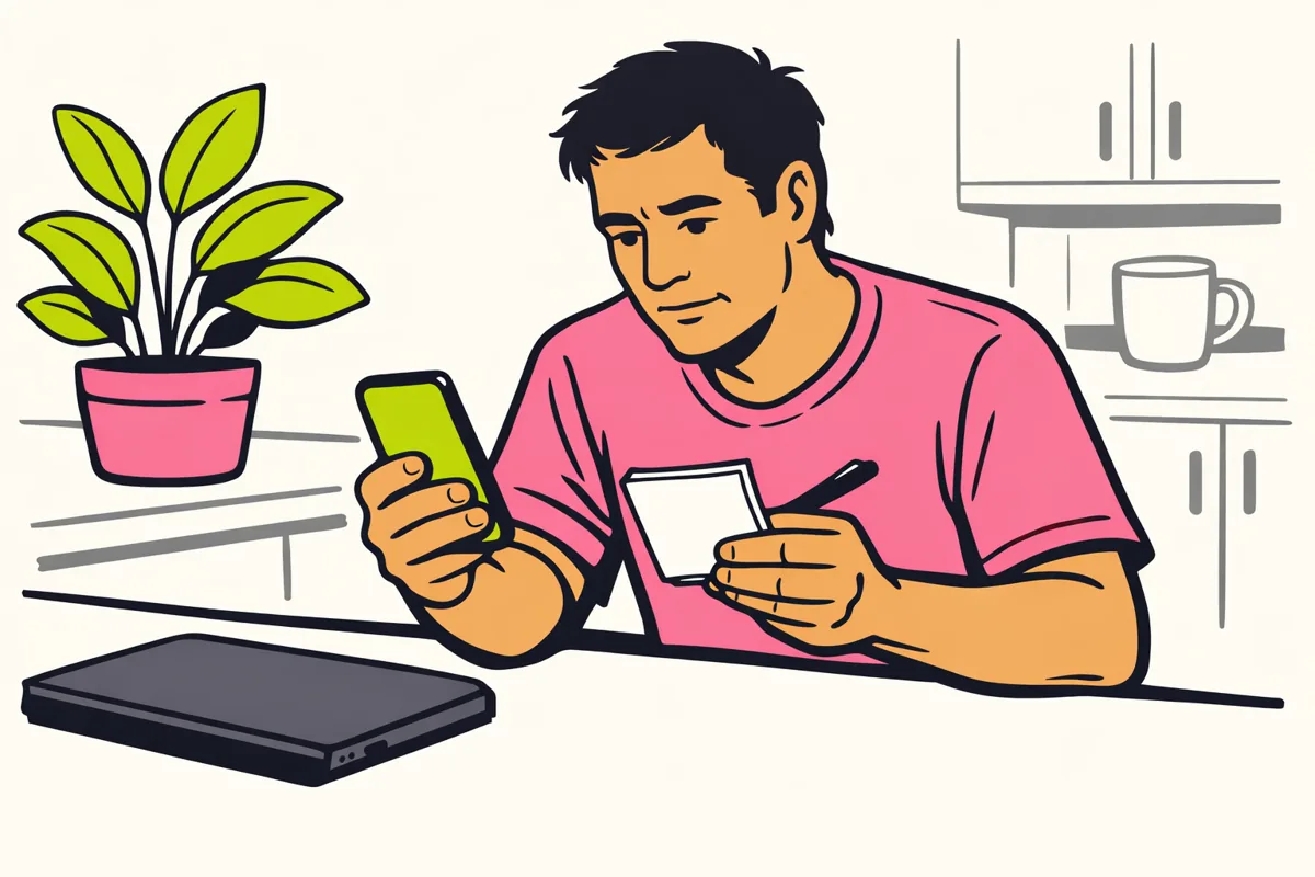 Illustratie van iemand die met een telefoon en notitieboek het herstel van een Facebook account voorbereidt.